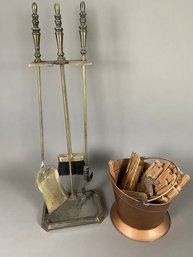 Vintage Set Of Fireplace Tools With Stand And A Copper Or Copper Colored Bucket For Kindling