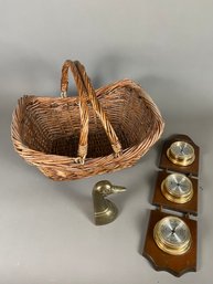 Sturdy Vintage Basket, Brass Duck Head Bookend, And Old Fashioned Wall Thermometer Barometer