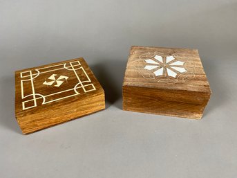 Pair Of Wooden Dresser Or Trinket Boxes With White Inlays And Surprises Inside