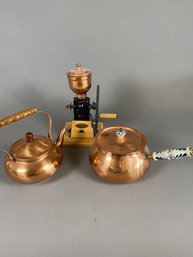 Three Copper Pieces, Teapot, Coffee Bean Griner, And Lidded Pot