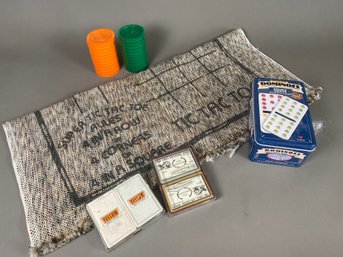 Lot Of Games, Including Vintage Playing Cards, Dominoes, And A Large Checker Or Tic Tac Toe Set