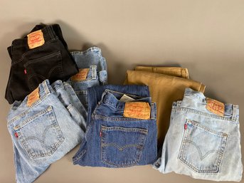 Five Pair Of Levi Jeans And One Pair Of Lined Wrangler Jeans, All 36 X 32