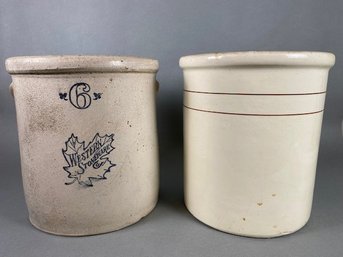 Two 6-gallon Stoneware Storage Pickling Butter Churn Sauerkraut Crocks Western Stoneware