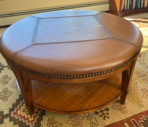 Beautiful Round Leather Ottoman Or Foot Stool By Flexsteel Industries, Warm Brown