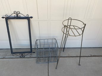 Lot Of Metal Home Decor Items, Including A Vintage Milk Delivery Case, Plant Stand And Neat Metal Fram