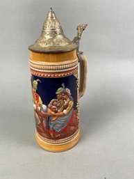 Vintage Ceramic German Beer Stein With Metal Top, Handgemalt 23