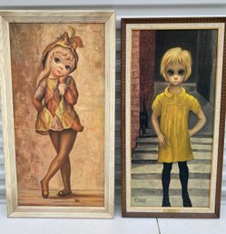 Pair Of Vintage Framed Big Eyes Harlequin Girls Prints, The Waif By Keane, And Maio