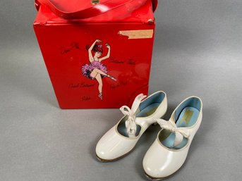 Vintage Pair Of White Patent Leather Tap Shoes And A Red Dance Or Ballet Shoe Carrying Case