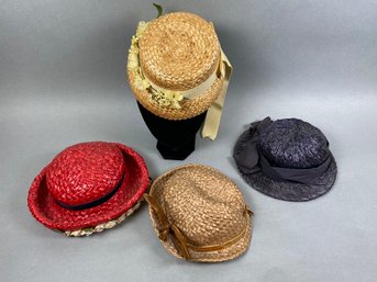 Lovely Set Of 4 Vintage Straw Dress Hats With Bows, Flower Accents