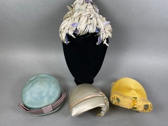Lovely Set Of 4 Vintage Skull Cap Style Dress Hats With Bows, Flower Accents, Netting