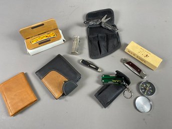 A Variety Of Pocket Knives, Wallets, Compass And Match Safe