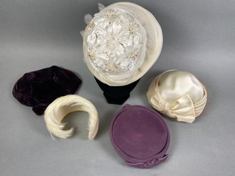 Lovely Set Of 5 Vintage Formal Dress Hats With Bows, Flowers, Feather Accents