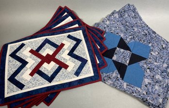 Lot Of 13 Charming Handmade Quilted Placemats In Blues And Burgandy
