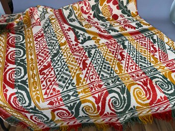 Spectacular Red, Green And Yellow Blanket, Bedspread, Throw Or Rug With Fringe