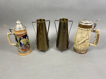 Pair Of Beer Steins, Handerbeit And Klubert, & Two Benedict Karnak Brass Handled Vases