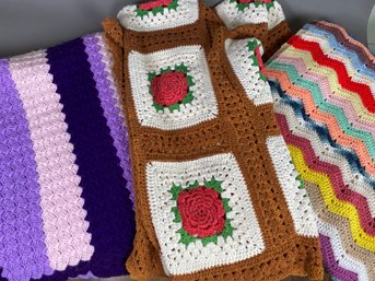 Lot Of 3 Hand-knitted Blankets Or Afgans With A Variety Of Colors And Patterns