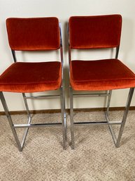 Fun Pair Of MCM Vintage Brushed Velvet And Chrome Bar Stools