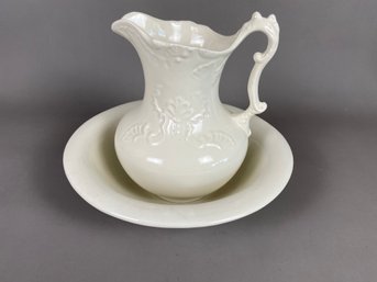 Vintage White Ceramic Wash Basin And Pitcher With Embossed Flowers And Filigree