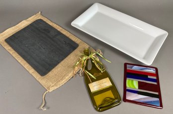 Wine And Charcuterie Set With Slate Cheese Board, White Ceramic Tray Or Platter, And Decorative Glass Pieces