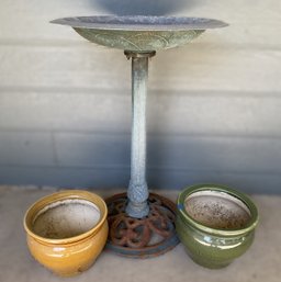 Metal Bird Bath Or Feeder And Two Glazed Garden Planter Pots