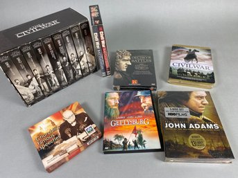 Multiple DVD's, CDs And VHS Sets On Topics Of The Civil War, WWII, And American History, Battlefields