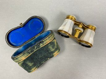 Elegant Antique Lemaire Paris Brass Opera Glasses With Mother Of Pearl Finish And Original Leather Case