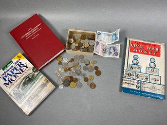 Interesting Lot Of Foreign Coins And 3 Books On Civil War Currency