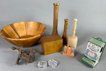 Fun Lot Of Beehive Bobbin Holders, Match Safe, Apple Peeler, Wooden Bowl, Wooden Recipe Box & Salt Cellars