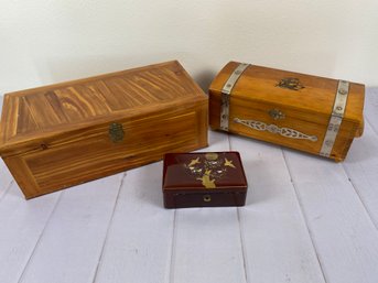 Two Cedar Trinket Or Jewelry Boxes And 1 Box With Mother Of Pearl Inlays