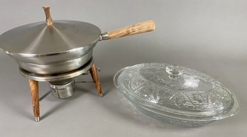 MCM Chafing Dish With Wooden Handle And Covered Glass Casserole Dish