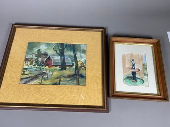 Two Framed & Matted Pieces Of Art, Artwork, By B. Burnett And M. Wells