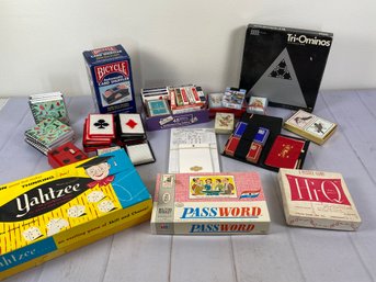 Vintage Lot Of Games And Cards Including Bridge Sets, Yahtzee, Password & Automatic Card Shuffler