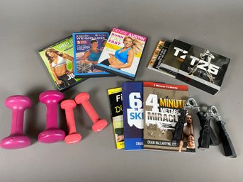 Lot Of Miscellaneous Exercise And Fitness Gear, Including Full Set Of T25 Fitness DVDs, Denise Austin