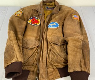 Well Worn And Comfortable Leather Jacket With Numerous Military Patches, Size XL