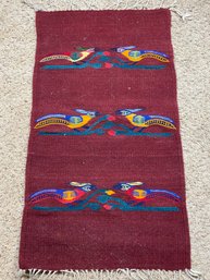 Small Wool Red Fringed Area Rug With Bird Motif