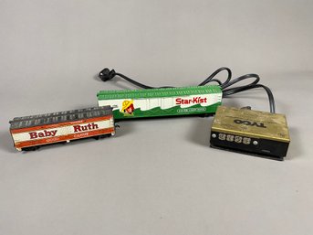 Two Tyco HO Scale Train Cars And A Model No. 899 T Hobby Transformer, Baby Ruth, Star-Kist