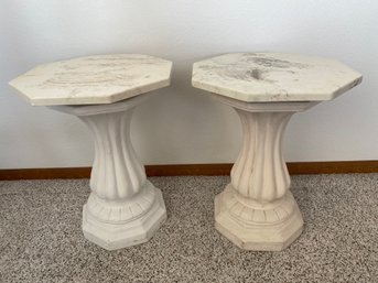 Pair Of Sturdy Marble Top End Tables On Pillars