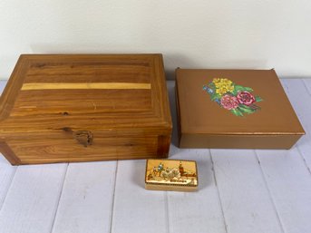 Adorable Set Of 3 Trinket Or Jewelry Boxes Including A Cedar Box & A Small Box With Russian Motif