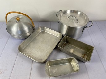 Vintage Aluminum Pans Including A Wood Handled Mirro Spun Bun Warmer