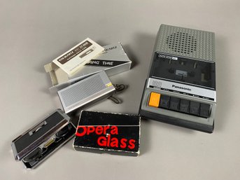 Vintage Panasonic Tape Recorder,  Elsi Quartz Digital Clock And Set Of Travelers Opera Glasses