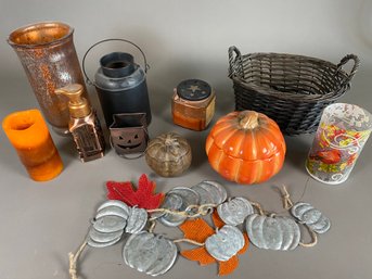 Fun Collection Of Fall Or Halloween Candles, Ceramic And Metal Pumpkins, Garland, Vase And Baskets