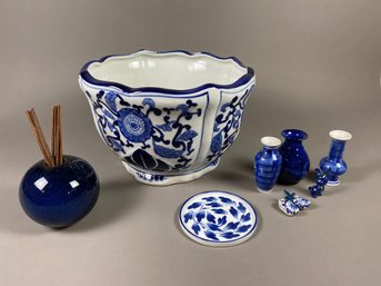 Large Blue And White Ceramic Serving Bowl Or Pot, An Infuser Pot, 3 Bud Vases And More