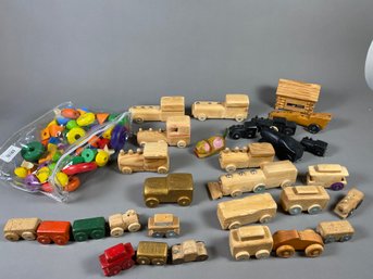 Fun Tote Of Wooden Train Cars, Trucks And Classic Colored Pegs And Beads