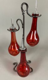 Wrought Iron Cruet Holder With 3 Red Bottles