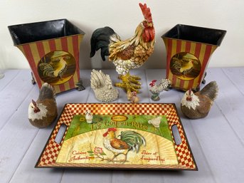 Cute Collection Of Rooster And Hen Figurines And Decor And One Pig Friend