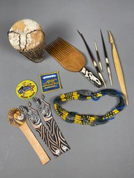 Lot Of Miscellaneous Handmade Items From The Maasai Tribe In Africa, Drum, Leather Bookmarks, Patches