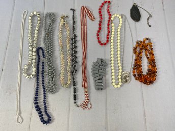 Classic Plastic Beaded Necklaces, Metal Chain With Cameo And Polished Stone Necklace