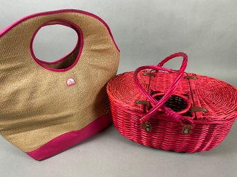 Cute Red Wicker Picnic Basket And Woven Insulated Igloo Bag