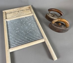 Washboard And Vintage Or Antique Irons With Wood Handles, Pleuger & Henger