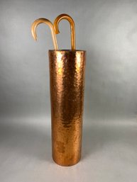 Wonderful Hammered Copper Umbrella Stand & Four Umbrellas Including Hokusai Graphic Umbrella